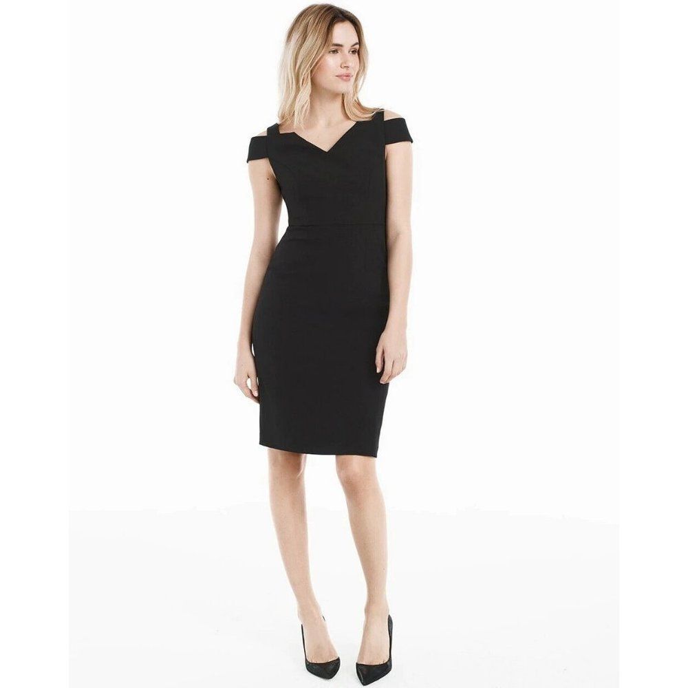 WHITE HOUSE BLACK MARKET Black V-Neck Cold Shoulder Sheath Dress Modern Size 6